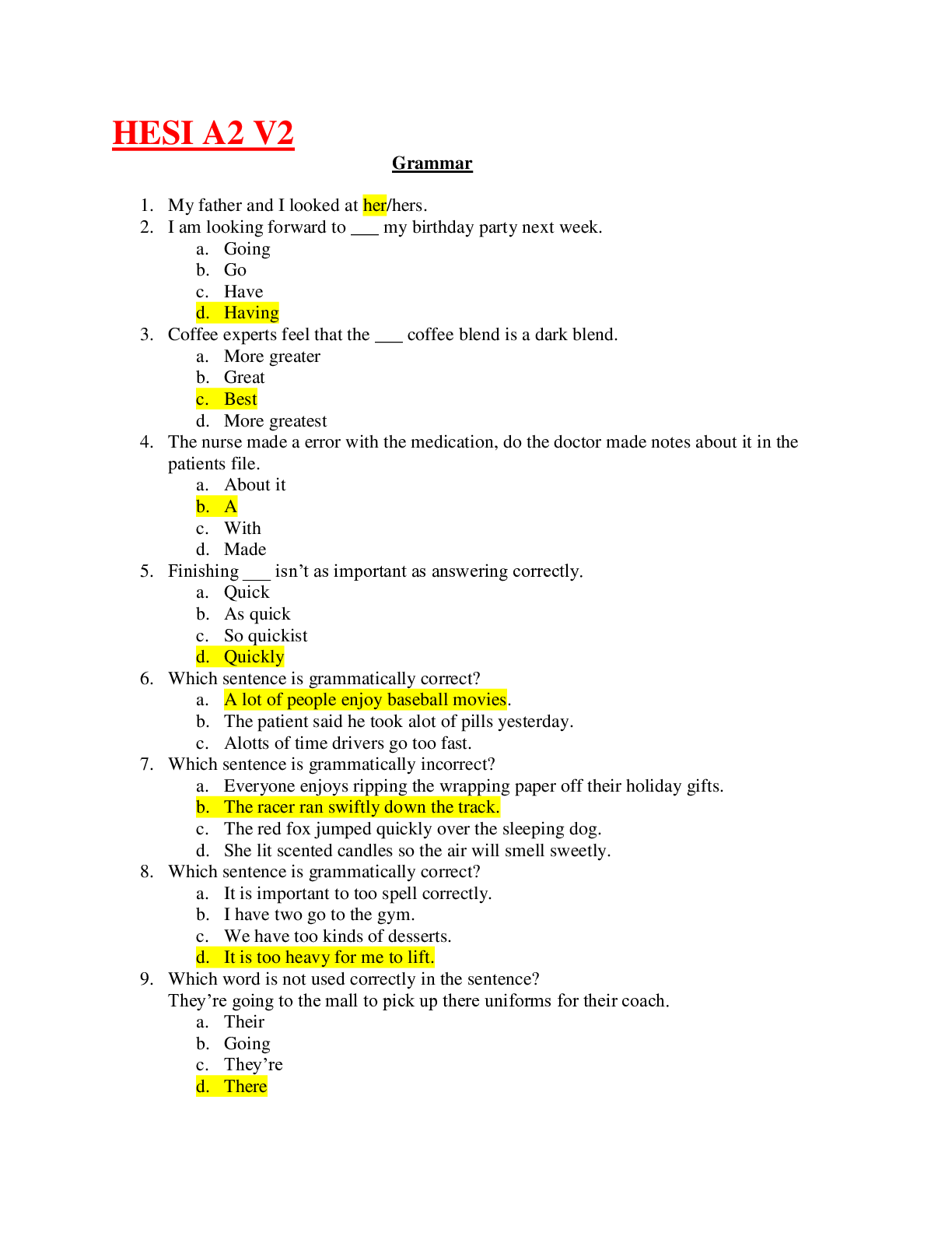 HESI A2 (VERSION 2) EXAM Grammar,Vocabulary,Reading & Maths Latest
